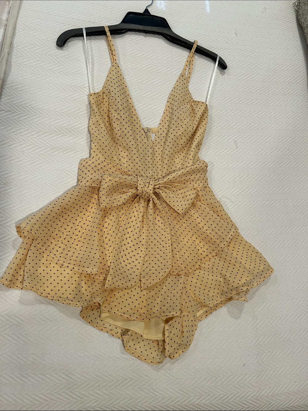 Polka Dot One-Piece Romper in a Shimmery Golden Yellow with Purple Dots